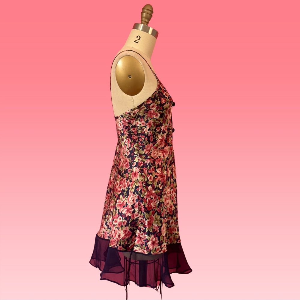 Vintage 80s 90s Coquette Rosette Floral Slip Dress Navy Ruffle Mini Slip Dress S - Picture 3 of 15